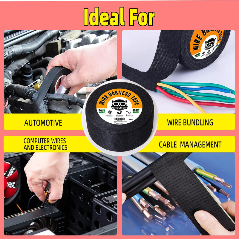Wire Harness Tape - 2Pack High Temp Wiring Harness Self-Adhesive Auto Electrical Cable Fixed Tape Noise Damping Protection Insulation Tape - 3/4 Inch Wide 100 Feet Long Total 3/4inch*2pack