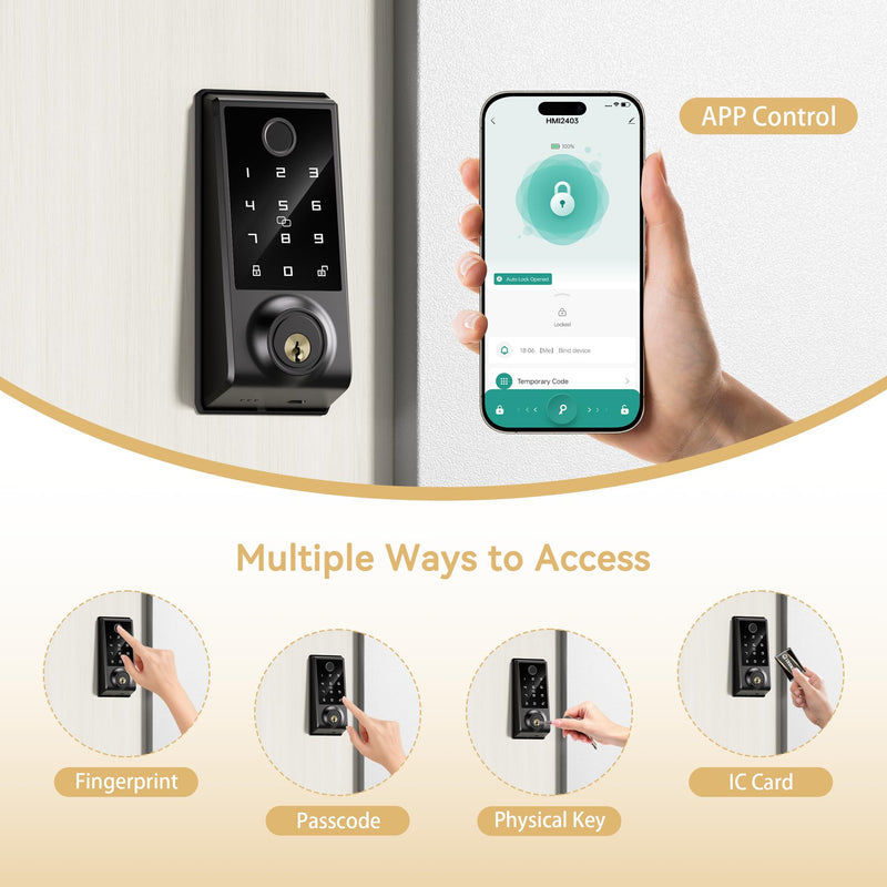 Smart Door Lock Deadbolt Lock, Keyless Entry Door Lock, Fingerprint and Code Access, App Control, Touchscreen Keypad Deadbolts, Auto Lock