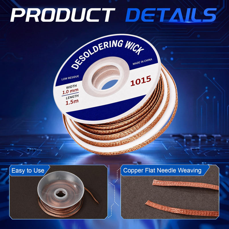 30pcs Solder Braid Wick 6 Sizes Woven Copper Desoldering Wick (0.04/0.06/0.08/0.1/0.12/0.14in, 5ft Each) No Clean Desoldering Braid Solder Remover for Electronics Repair Pcb Circuit Board
