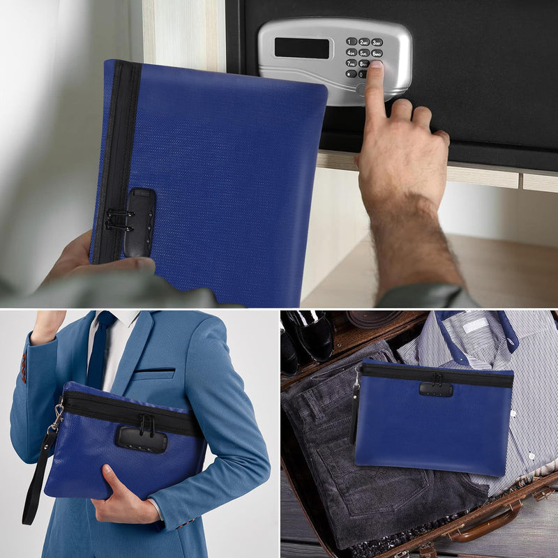 Nezyo Fireproof Safe Money Document Bag with Lock 2 Pcs Notary Journal Waterproof Bag with Zipper for A4 Storage Pouch File Passport Tablet, 14 x 10 Inch and 6.7 x 10 Inch(Blue) Blue