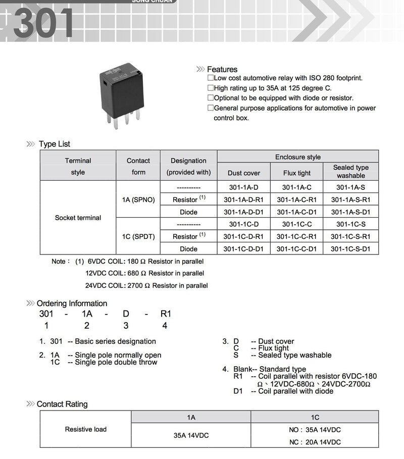 Song Chuan Automotive Relays SPDT 35A 12VDC (Pack of 2) 301-1C-C-R1-U01-12VDC