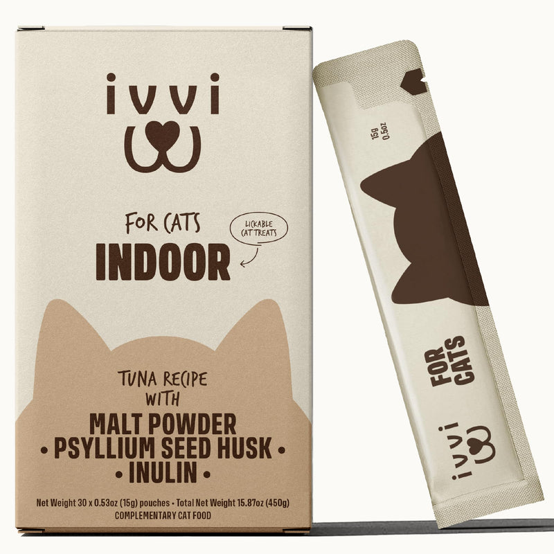 ivvi Indoor Hairball Support Cat Treat – Creamy Lickable Treat for Indoor Cats – Malt & Fiber Digestive Support – Helps Reduce Hairballs – Grain Free – 15g Sachets