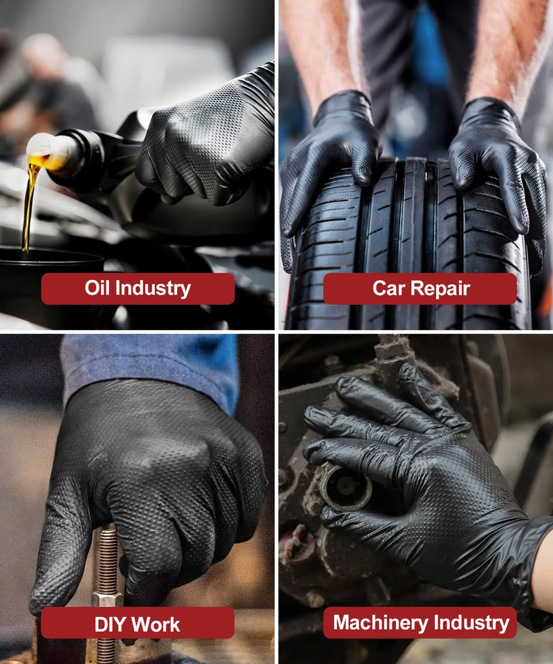 8 Mil Heavy Duty Disposable Nitrile Gloves with Diamond Texture Grip Rubber Gloves Latex & Powder Free Large Box of 50 / Black