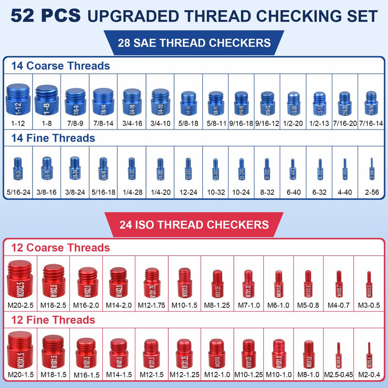 52Pcs Thread Checker, Aluminum Alloy Detachable Nut and Bolt Thread Checker (28 Standard & 24 Metric) Thread Gauge Set Wear Resistant Bolts Size Finder Tool Kit for Narrow and Tricky Area Tight Space