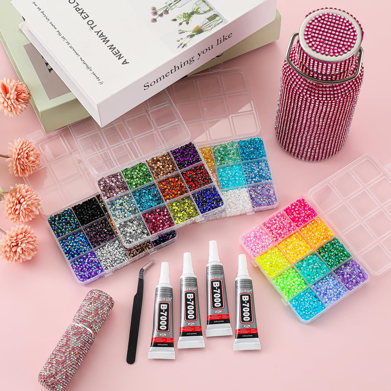 32000Pcs Resin Flatback Rhinestones for Bedazzling Kit with 4 Pcs B7000 Glue 3mm Multicolor Bedazzler Kit with Rhinestones and Tools DIY Bedazzling Gems for Crafting Clothing Shoes Cups Set 1 - 4 Boxes Resin Rhinestones