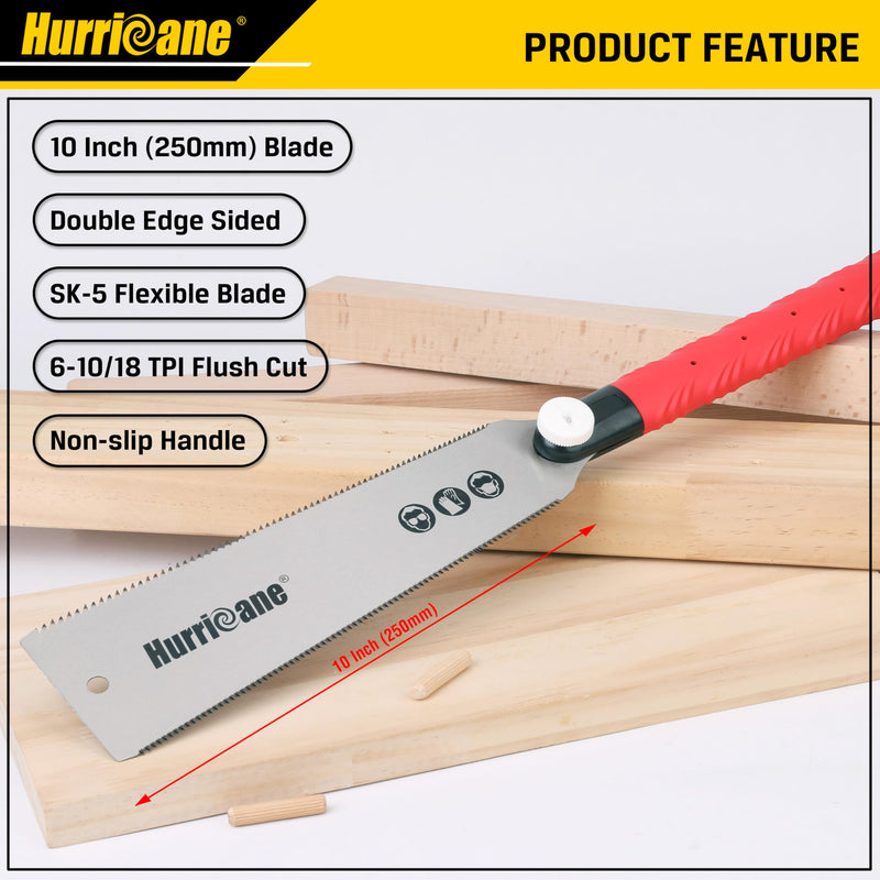 HURRICANE Japanese Pull Saw, 10" Hand Saw for Wood Cutting, Woodworking Tools, Double Sided Pull Saw, SK5 Flexible Blade, 6-10/18 TPI, Flush Cut Saw Wood Cutter Hardwoods/Softwoods, Non-slip Handle 10 inch (250mm)