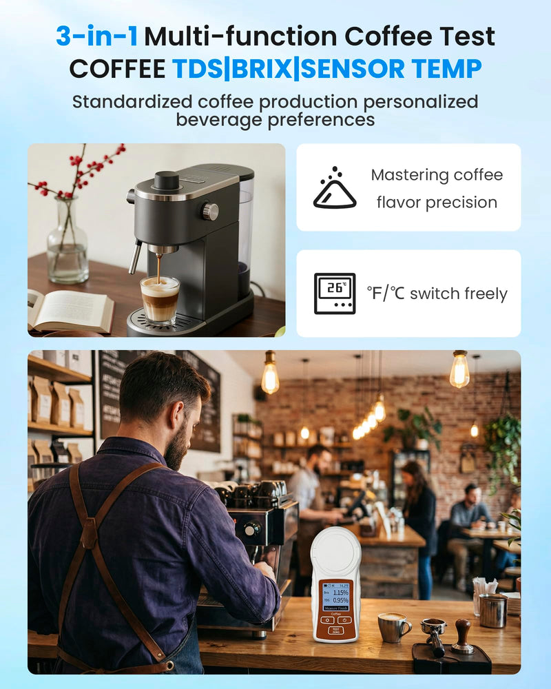 Professional Coffee Refractometer with ATC for Coffee Enthusiasts | Measure Coffee TDS & Brix, One-tap Calibration, Anti-Glare Interference, Rechargeable, Backlight, ℉/℃ Switch (0-22%, 0.2%) Brown