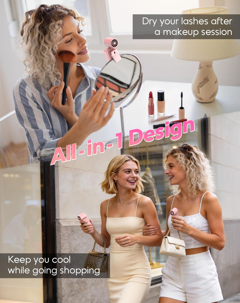Portable Clip-On Mini Fan, Hands-Free, Turbo Personal Handheld Fans Rechargeable w/ 4 Wind & LED Display, Pocket Size Summer Cooling Essentials for Travel/Eye Lash/Beach/Concert, Gifts for Women(Pink) Pink