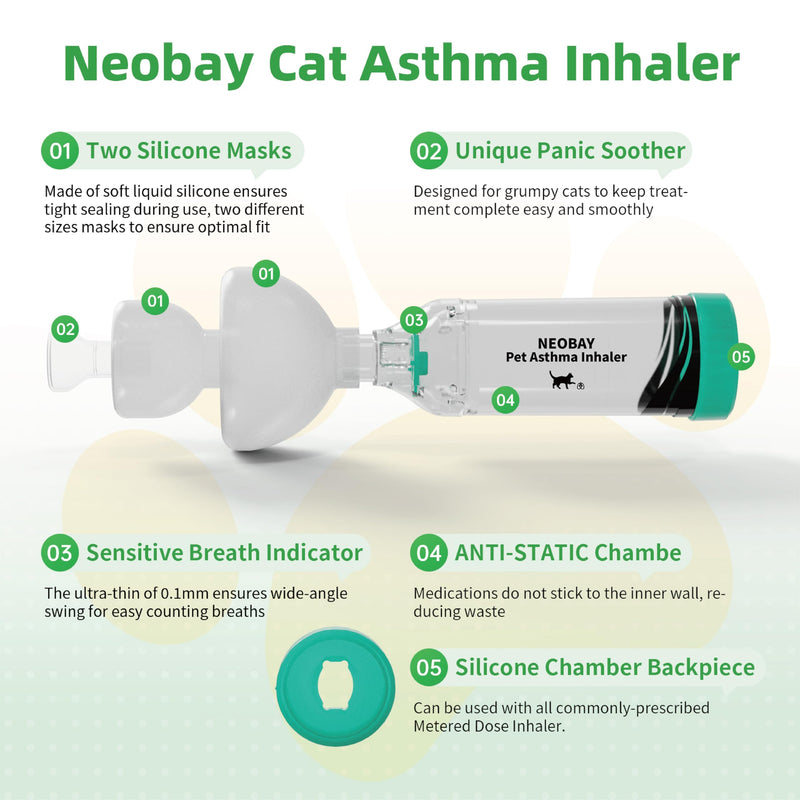 Neobay Cat Inhaler Spacer with Unique Panic Soother & Sensitive Breath Indicator – Designed for Cats with Asthma & Respiratory Issues, Includes 2 Cat Inhaler Masks Green