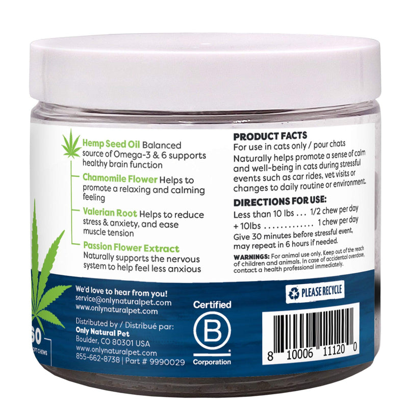 Only Natural Pet Calming Hemp Soft Chews - Relaxation Composure Sedative Tranquilizer Treats for Cat Stress Reduction w/Soothing Botanicals Supports Sleep Aid Quiet Travel Chill Vet Visit - 60 Count - PawsPlanet Australia