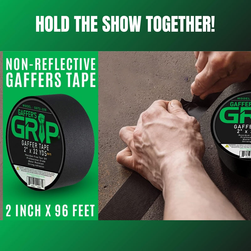 GRIP Premium Grade Non-Reflective Gaffer Tape | Heavy Duty, Matte Black, Residue-Free, Ideal for Photography, Stage, Film, Cable Management, Floors (1, Black, 2" x 32 Yards) 1