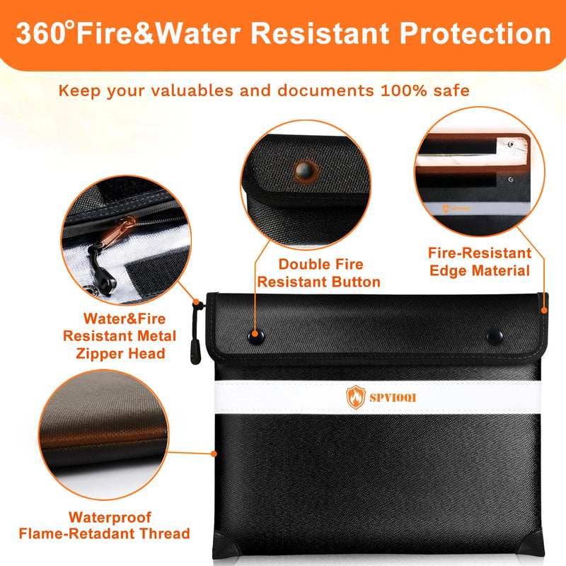 Fireproof Document Bag 5200°F with Heat Insulated, Fireproof Money Bag for Cash with Zipper and Reflective Strip, 14.2” X 11” Fireproof Safe Storage Pouch for Valuables Black 14.2" x 11"