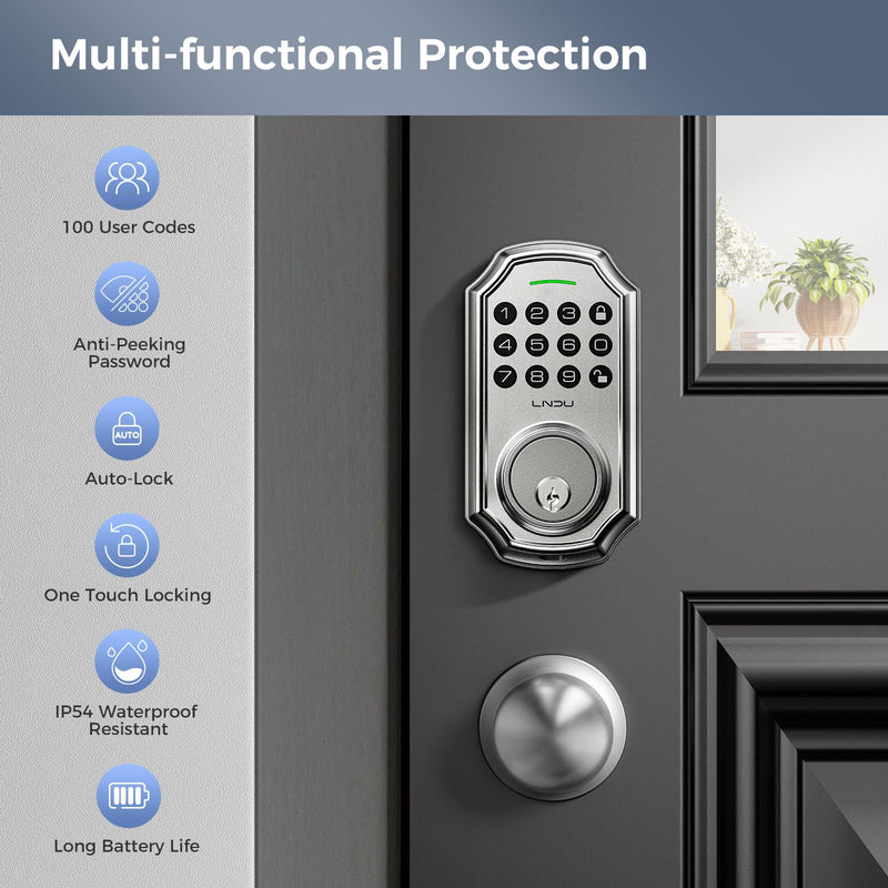 Keyless Entry Door Lock Deadbolt with Handle Set: 100 Code Front, Keypad with Handle, Electronic Keypad Deadbolt with 2 Knob, One Touch Lock, Auto Lock Easy to Install