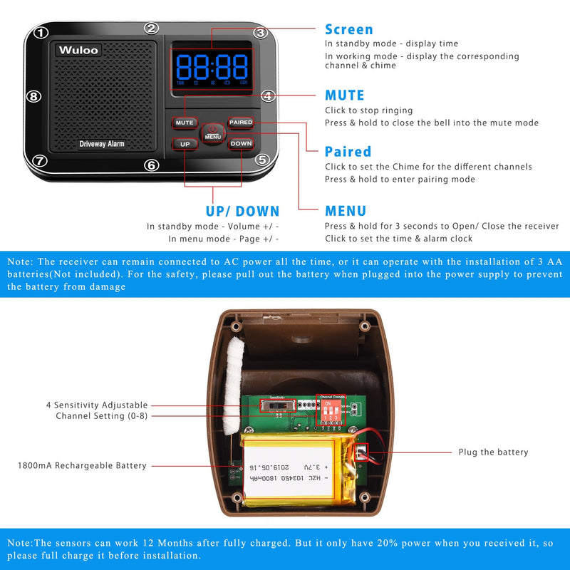 Wireless Driveway Alarm 1800 Feet Long Range Motion Sensor Alert System Driveway Detector for Home with 1800mAh Rechargeable Battery (1&1-Brown) 1&1-Brown