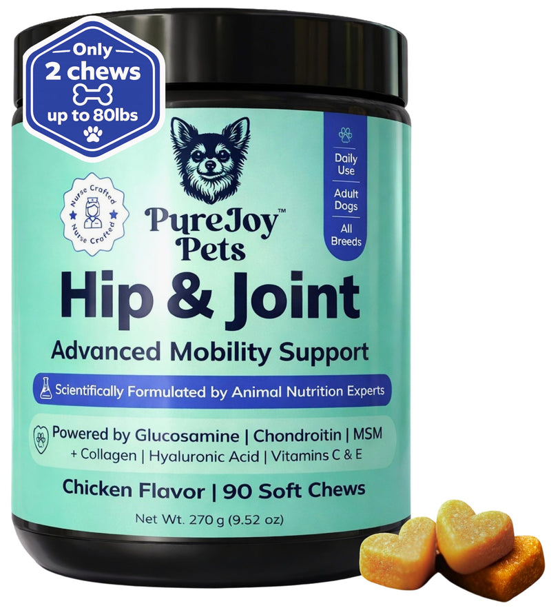 Advanced Hip & Joint Chews for Dogs - Glucosamine, Chondroitin, MSM & Collagen - Joint Support & Daily Mobility for Senior, Adult, Large & Small Dogs - 90 Soft Chews, Chicken Flavor.