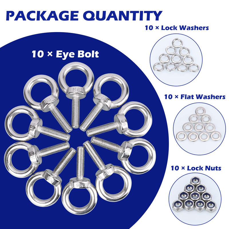 Eye Bolts with Nuts, M8 10Pcs EyeBolts Stainless Steel Machinery Shoulder Lifting Ring Eye Bolt Heavy Duty Screws Bolt with Lock Nuts & Lock Washers, Flat Washers - Thread Length 30mm M8, 10 Pack