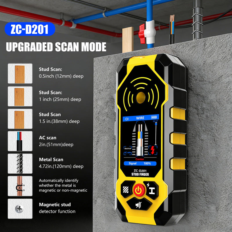 Stud Finder Wall Scanner 4 in1 Wall Stud Finder Multifunction Stud Detector Beam Finders for the Center Edge of Wood AC Wire Metal Studs Joist Pipe with HD LCD Display Smart Sensor Audio Alarm ZC-D201 Yellow