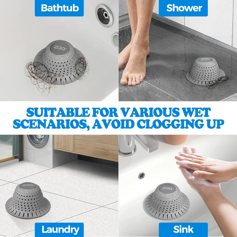 zaa Bathtub Drain Hair Catcher, Silicone Collapsible 1 Pack Drain Protector for Pop-Up and Regular Drains of Shower, Bathtub, Tub, Bathroom, Sink Gray