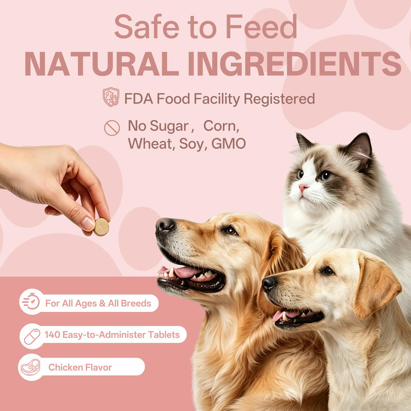 Dog Multivitamin, 16-in-1 Vitamin Formula with Taurine for Heart & Vision, Ideal for Cats and Dogs, Whole Body Health, Skin, Coat, Joint & Immune Support for All Breeds, 140 Tablets