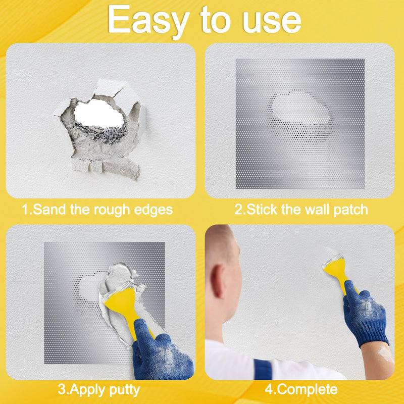 4 Pcs 12x12 Inch Drywall Repair Kit Self Adhesive Mesh Drywall Repair Patch Set with Sanding Pads and Scraper Heavy Duty Metal Aluminum Dry Hole Patch Tools for Large Hole Wall Ceiling Tool 12 x12" 4