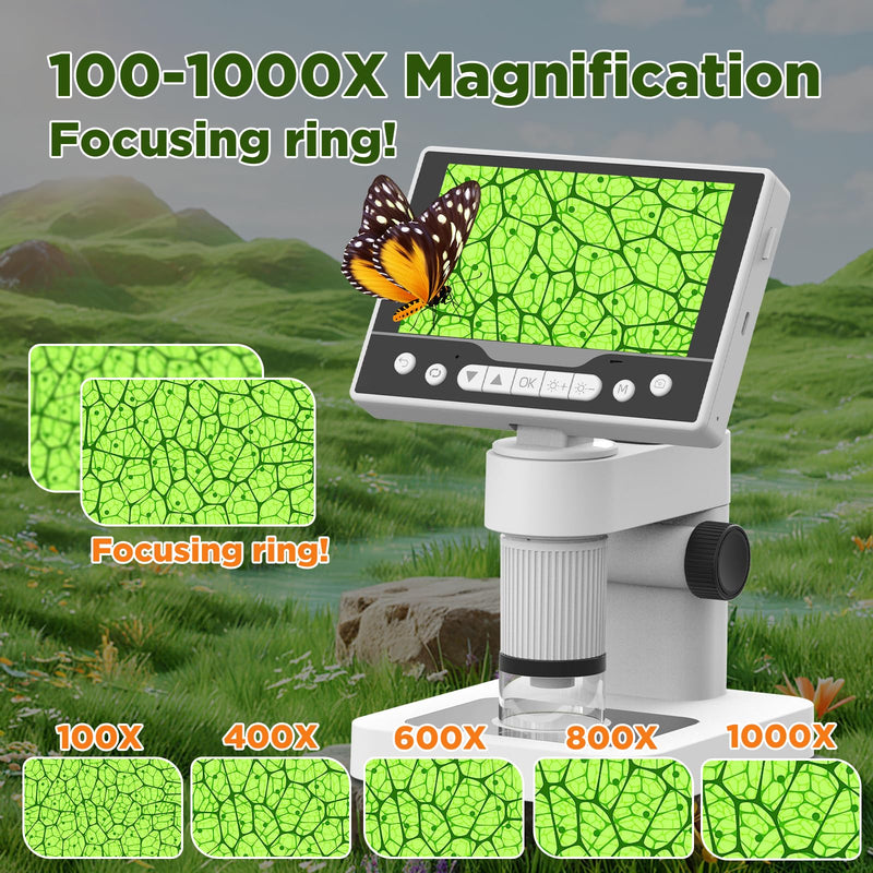 Digital Microscope, 12MP 1080P Handheld Microscope with 8 Adjustable LED Lights, 5" LCD Screen Coin Microscope 1000X, USB Microscope for Windows/MacOS, White