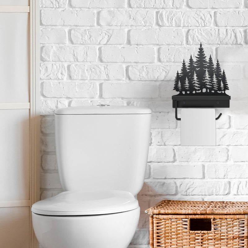 Rustic Toilet Paper Holder with Pine Tree Design - Metal Farmhouse Bathroom Tissue Roll Organizer with Shelf for Cabin Bathroom, Lodge & Black Forest Decor | Unique Wall Mount Rustic Home Accents