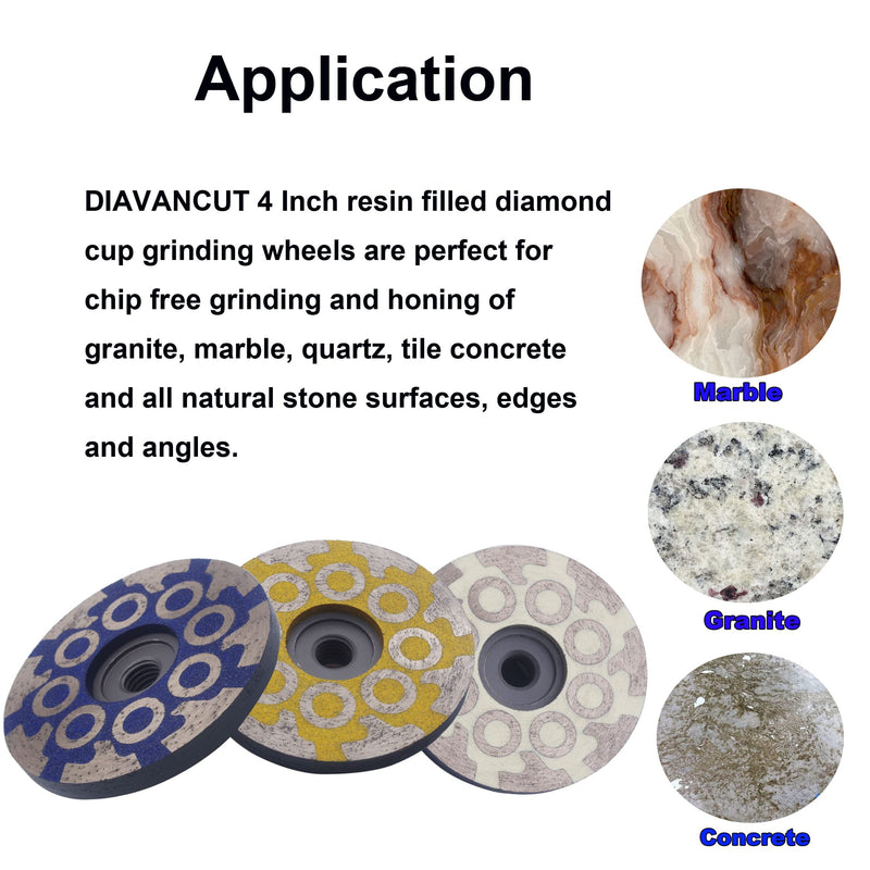 Fine Grit 4 Inch Diamond Resin Filled Grinding Wheel for Granite Marble Engineered Stone Quartz and Tile 16 Segmented Diamond Resin Grinding Cup Wheel with 5/8"-11 Thread Fine