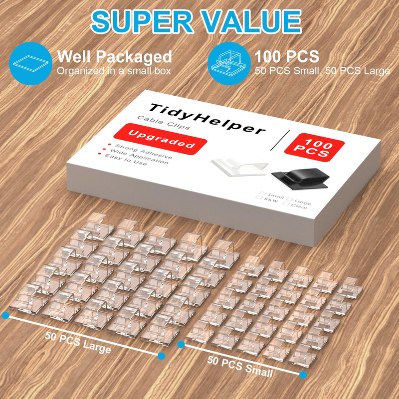 100 PCS Outdoor Light Clips Clear (Small & Large), Adhesive Cable Clips for Wall Wire Holder Cable Management Cord Organizer, Christmas Light Hooks for LED String Lights, Car Dash Cam, Extension Cord Small&Large