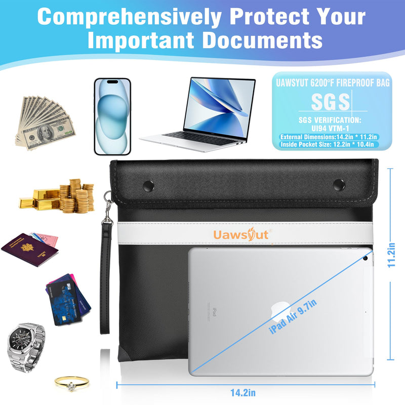 Fireproof Document Bag - 6200°F Important Document Bags with Zipper, Water Resistant Fire Proof Money Bags for Cash, Cell Phone, Tablet, Credit Card,Passport and Valuables (14.2"x11.2", Black)