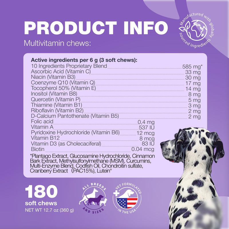 Dog Vitamins 15 in 1 - Dog Multivitamin Chews with MSM for Hip & Joint Health - Dog Supplement for Itchy Skin Relief - Multivitamin for Dogs Immune Support with Enzymes - Skin & Coat, Mobility Support 180 count - PawsPlanet Australia
