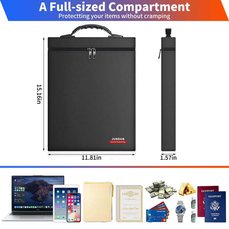 JUNDUN Fireproof Document Bag,6400°F,Upgraded Material Fireproof Money Bag,12x15x2 in Home Storage Pouch Holder for Legal Size Documents, Cash,Files and Laptop Black