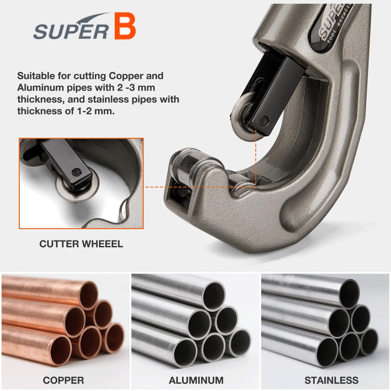 Super B Tubing Cutter- Pipe Cutter Tool 1/4"-1-1/2"OD -Copper, Aluminum, Brass Stainless Steel and Plastic Tubing Quick-Acting Cutter with Replacement Wheel and Deburring Tool (TB-1917)