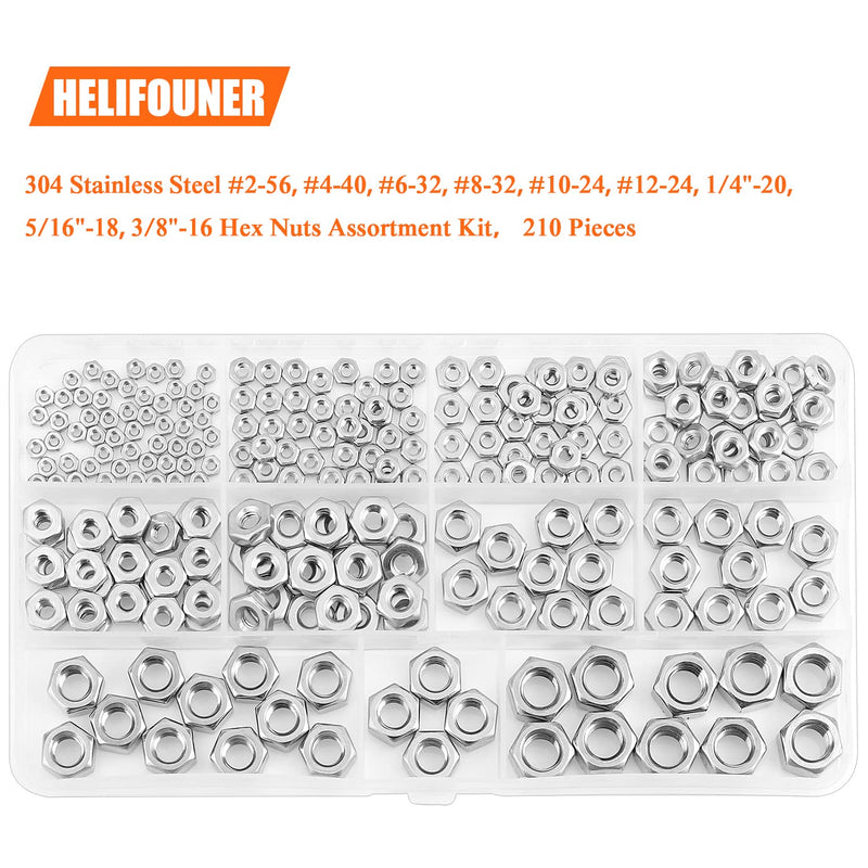 210 Pieces 9 Sizes 304 Stainless Steel #2-56 to 3/8"-16 Hex Nuts Assortment Kit (#2-56#4-40#6-32#8-32#10-24#12-24 1/4"-20 5/16"-18 3/8"-16) 210 Pieces Hex Nuts Kit