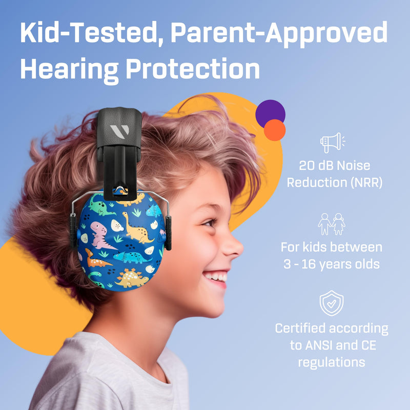 Vanderfields Kids Ear Protection, Noise Canceling Headphones Kids, Age 3-16, 26dB/27dB Noise Reduction, Ear Muffs for Kids Dinosaur Club (2)