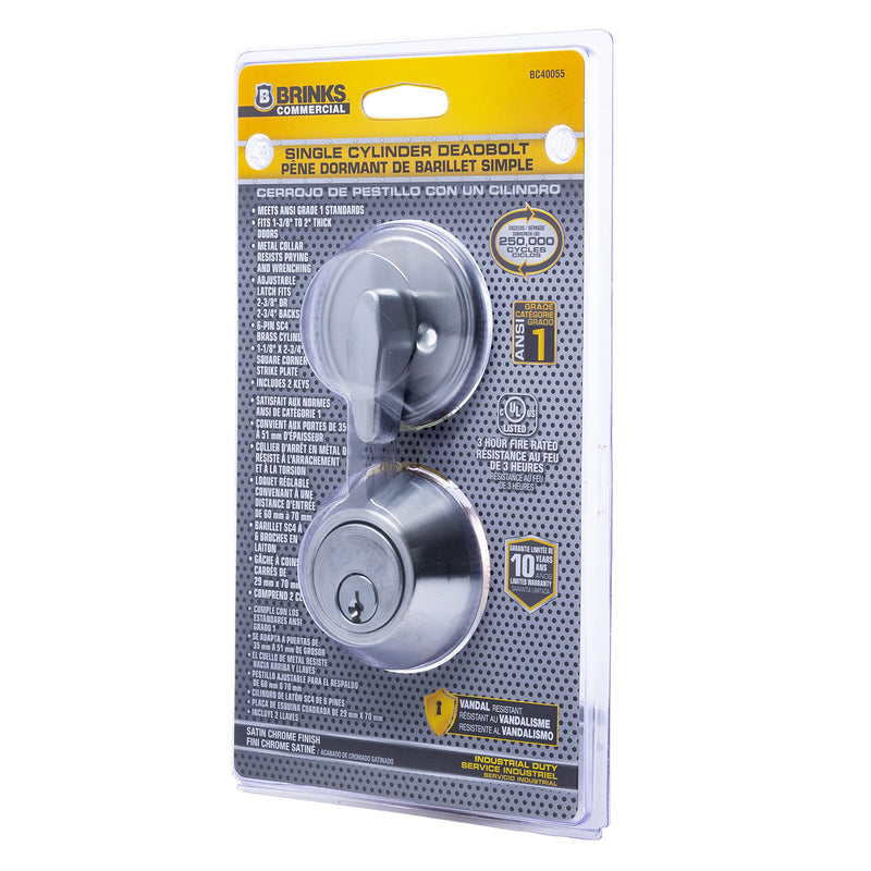BRINKS Commercial - Single Cylinder Deadbolt Lock, Satin Chrome Finish - Meets ANSI Grade 1 Standards and has 3-Hour UL Fire Rating 1 Pack