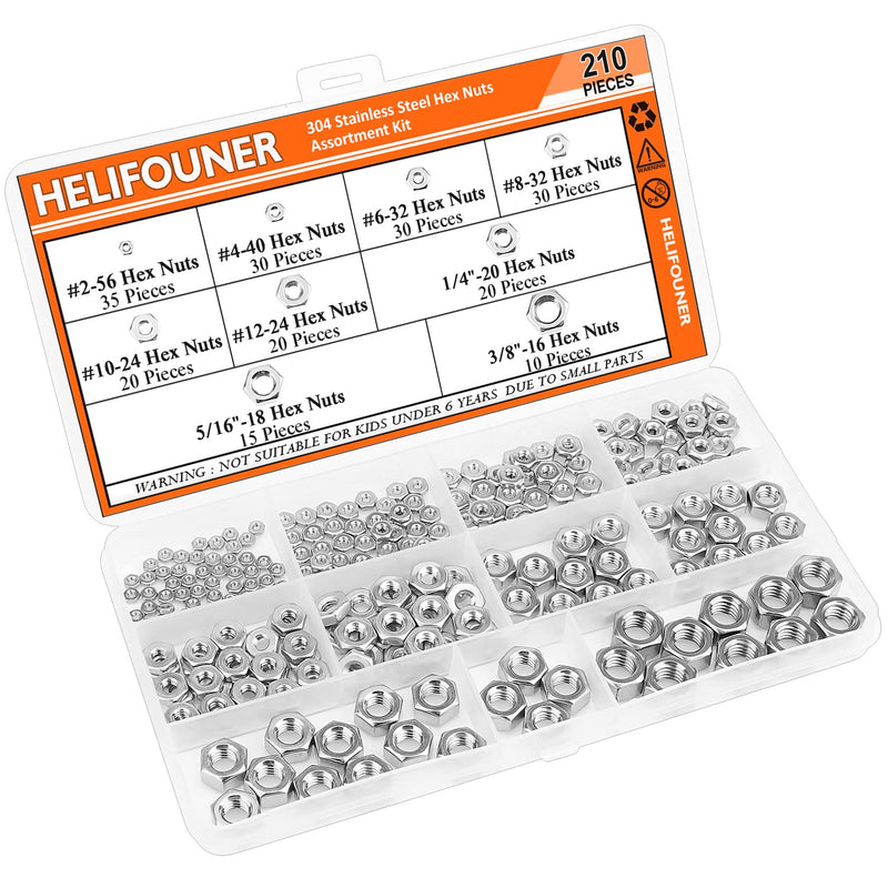210 Pieces 9 Sizes 304 Stainless Steel #2-56 to 3/8"-16 Hex Nuts Assortment Kit (#2-56#4-40#6-32#8-32#10-24#12-24 1/4"-20 5/16"-18 3/8"-16) 210 Pieces Hex Nuts Kit