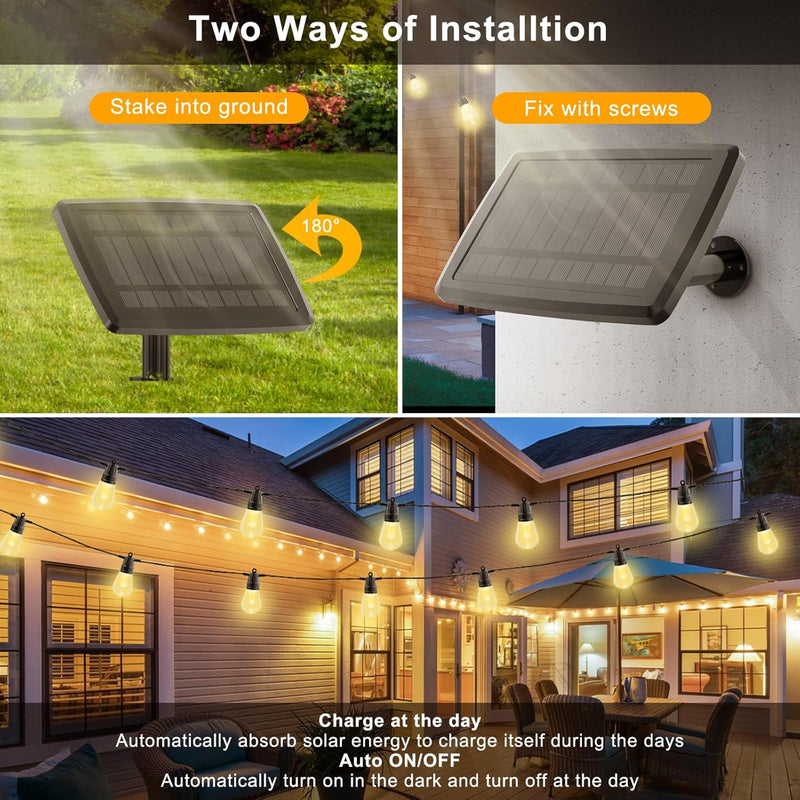 Brightech Ambience Pro Solar Powered Outdoor String Lights, 27 ft Commercial Grade Waterproof Patio Lights, 12 Edison Bulbs, Shatterproof LED String Lights for Outside, Porch - 1W Soft White Bright (1W) 27 Feet