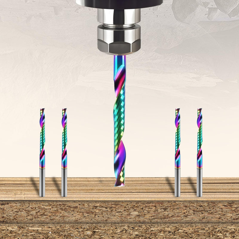 10 Pcs O Flute Up Cut Router Bits, 1/8 inch Shank Single Flute CNC End Mill, Spiral Solid Carbide Milling Cutters with DLC Coating, Ideal for Aluminum, Plastic, Acrylic, Wood, MDF and PVC