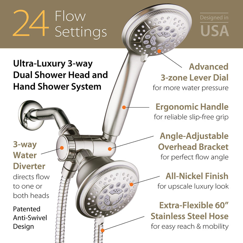 1733 Handheld Showerhead & Rain Shower Combo. High Pressure 24 Function 4" Face Dual 2 in 1 Shower Head System with Stainless Steel Hose, Patented 3-way Water Diverter in Nickel Finish 2.5 Gallon Per Minute Brushed Nickel