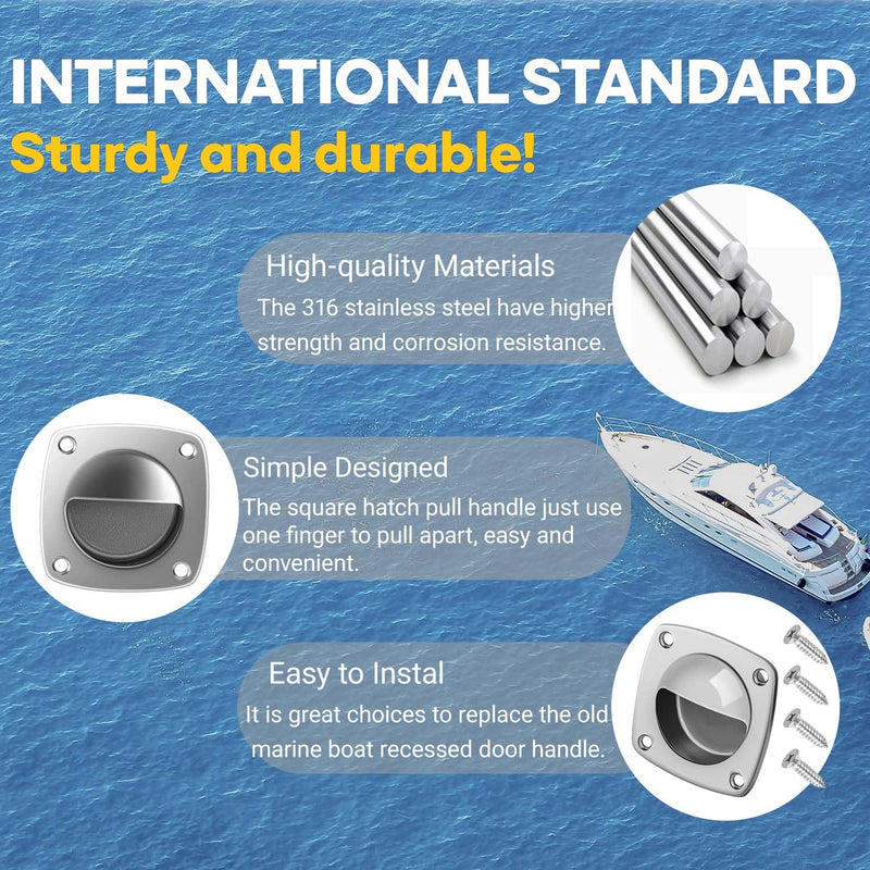 Boat Flush Pull Handle, Recessed Door Handle 316 Stainless Steel Square Boat Hatch Pull Flush, Marine Recessed Sliding Door Handle with Screws, Boat Cabin Accessories