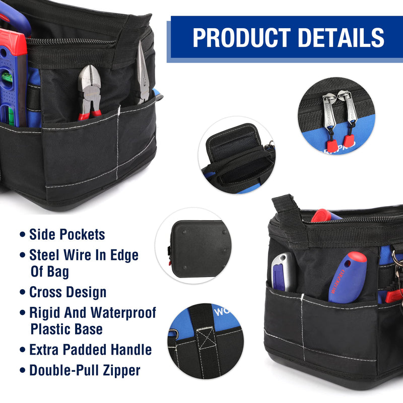 WORKPRO 16-inch Wide Mouth Tool Bag with Water Proof Molded Base Black&Blue