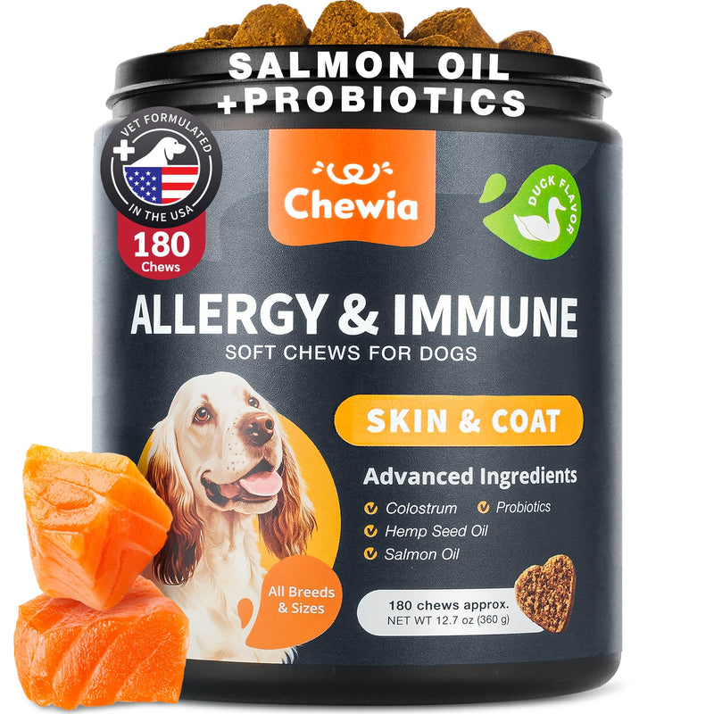 Dog Allergy Relief Chews - Itch Relief for Dogs - 180 Allergy Chews for Itching Skin with Probiotics, Colostrum, Salmon Oil - Allergy, Skin and Coat, Immune, Digestion Support Supplement - Hot Spots 180 count Allergy Support Chews