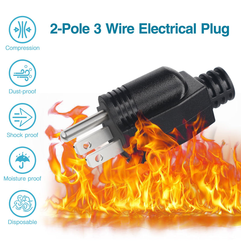 NEMA 5-15P Electrical Replacement Plugs End, Extension Cord Ends 125V 15A, 2-Pole 3 Wire Grounding Plug, 3 Prong Power Replacement Plug, Male Straight Blade Plug 3-Pack