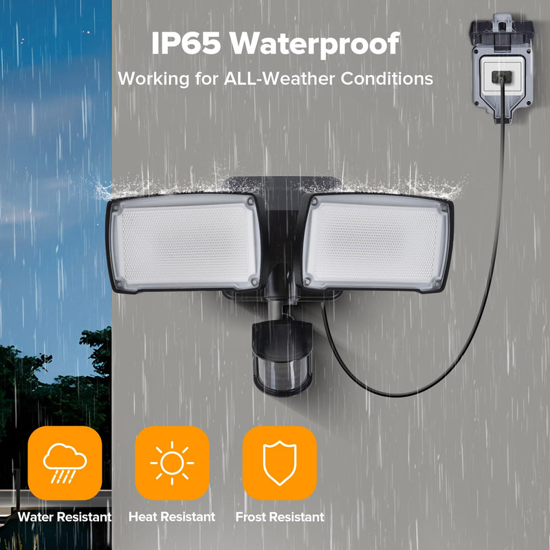 LUTEC 21W Plug in Motion Sensor Light Outdoor, Flood Lights Outdoor Motion Sensor,2500LM, 5000K Daylight,IP65 Waterproof,Adjustable 2 Heads Wall Light for Garage, Porch, Yard - Black 1 Pack