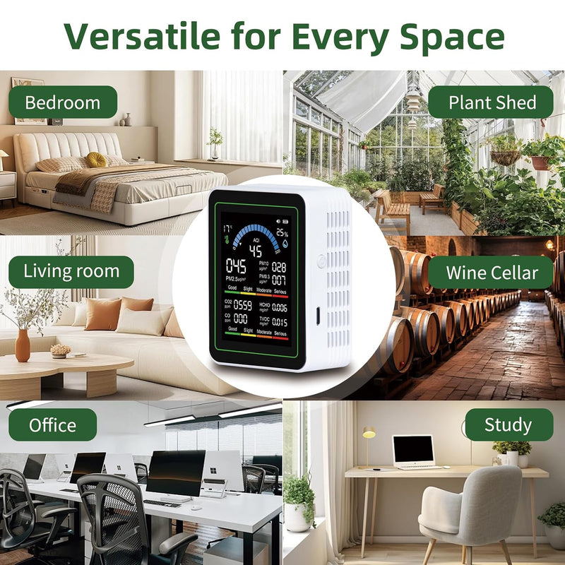 Air Quality Monitor Indoor,13-in-1 Smart Air Quality Tester with PM 2.5, CO2, TVOC, HCHO, PM1, AQI, PM10, Temperature & Humidity, Real Time Display, Battery Powered, for Home & Office (White) White - NewNest Australia