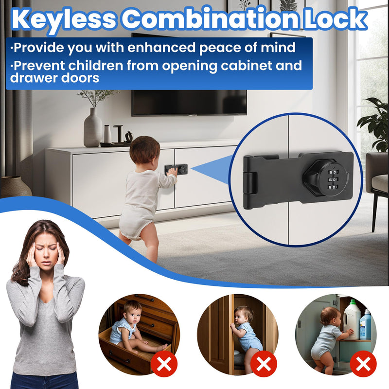 Keyless Cabinet Lock with Combination Code - 3-Digit Password Hasp Latch Lock for Drawers, Bifold Closet Door and Double Sided Door (Black, 4.5 Inch) 1 Pack Black