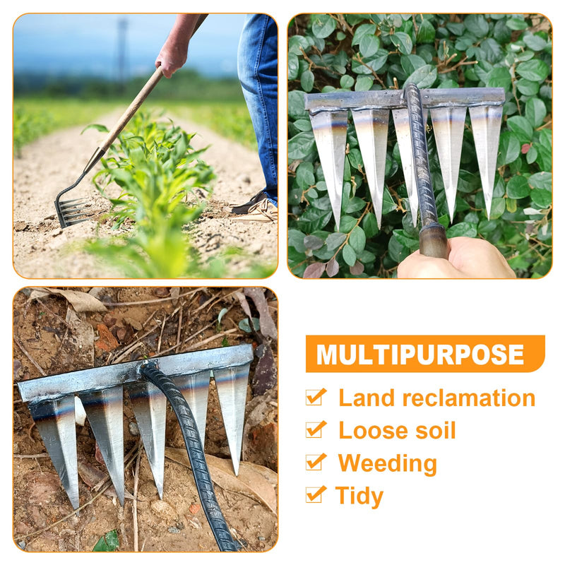 Ironrake The Heavy-Duty Iron Weeding Rake,1pc Iron Rake for Gardening and Weeding with 5 Metal Tines,Weeding Rake for Sturdy Dethatching,Ironrake for Backyard Lawn Loosening Planting Weeding