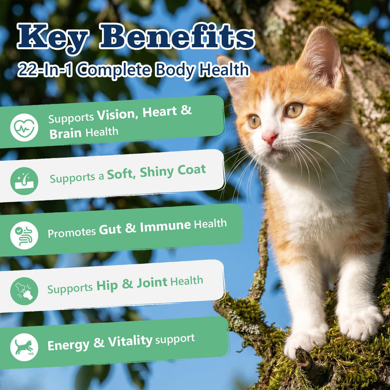 22-in-1 Cat Multivitamin Chews, Taurine & Lysine for Cats, Omega 3,6,9, Cat Vitamis and Supplements Support Immune, Skin, Joint, Digestion, Heart & Energy 500 Crunchy & Creamy Treats for Cats All Ages