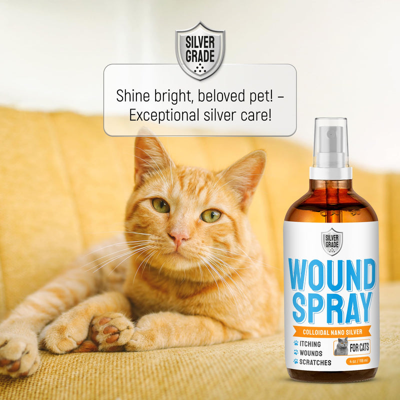 SILVER GRADE Cat Wound Care Spray with Silver – Wounds, Rashes, Hot Spots, Itch, Scratching, Irritation, Bites & Burns – Use a Cat Cone to Prevent Licking – Safe Formula – 4 Oz