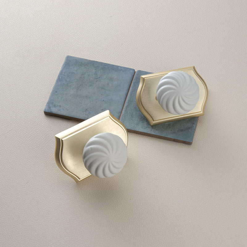 Brushed Gold Door Knobs Interior for Privacy Bath & Bedroom | Zinc Camelot Trim, Gold & White Flower Style
